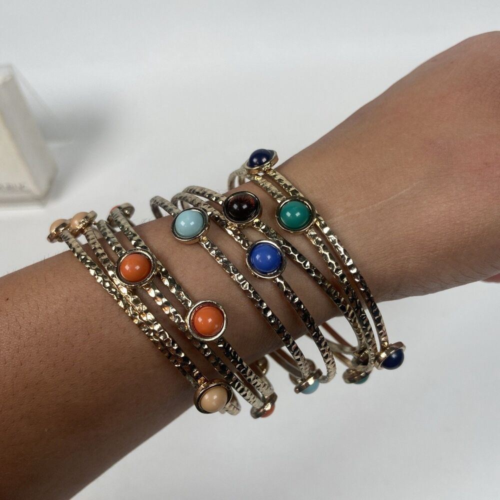 9 Bangle Stackable Bracelets Gold Tone Multi Colored Gems Banana Republic